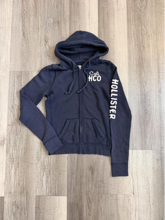 Hollister Tops - Y2K Navy Blue Hollister Co. Women's Zip-Up Hoodie, Size M, Cali HCO White Text